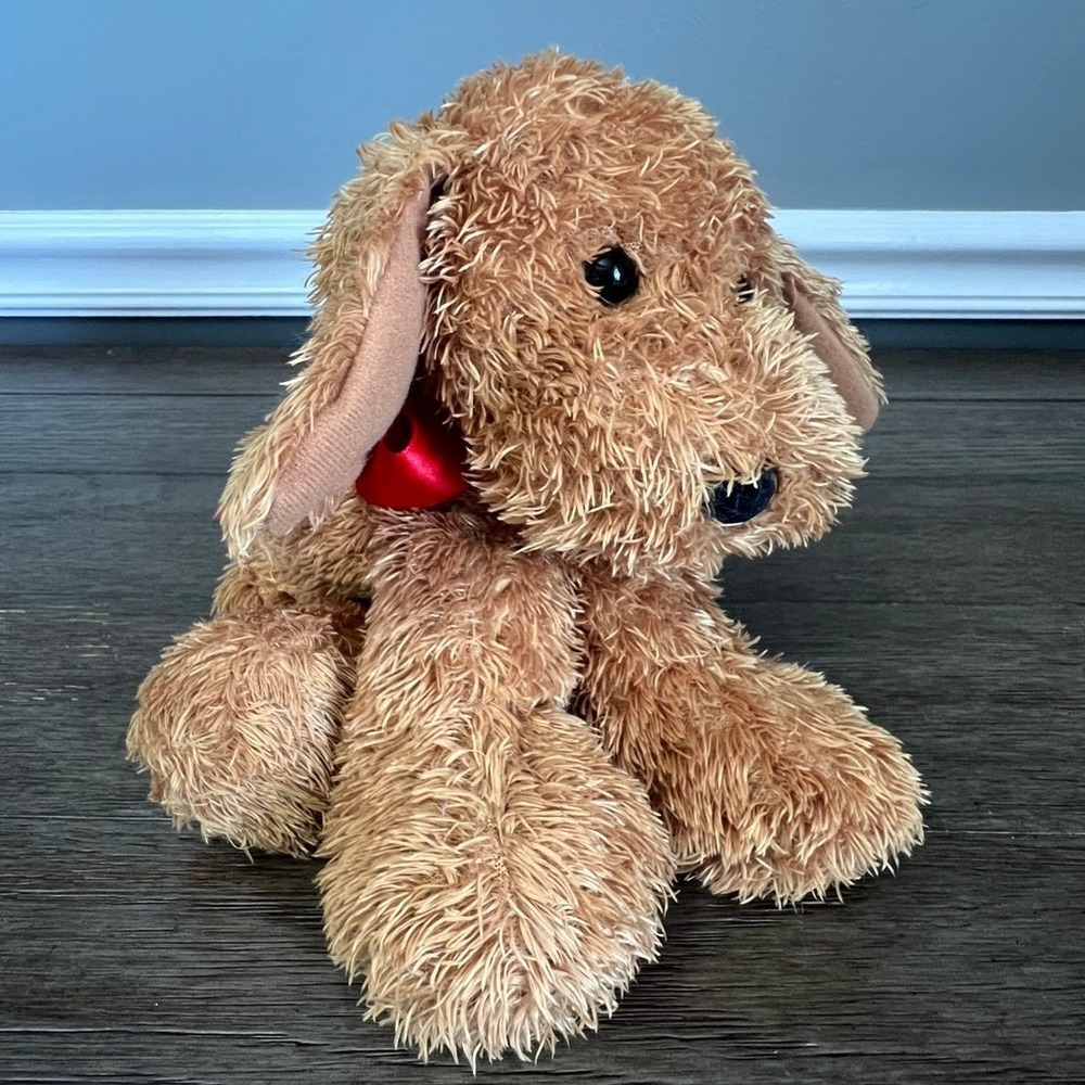 Gund Heads & Tales Golden Puppy Plush Bells in Feet Red Bow Shaggy Dog Stuffed